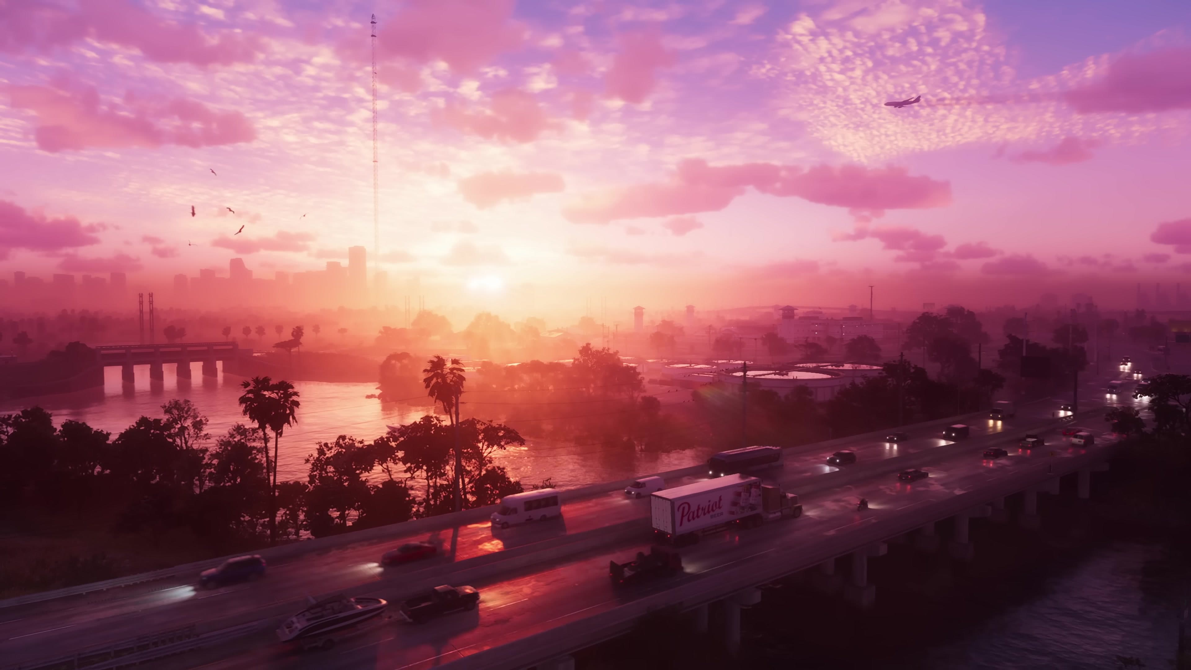 Aerial highway bridge at sunset