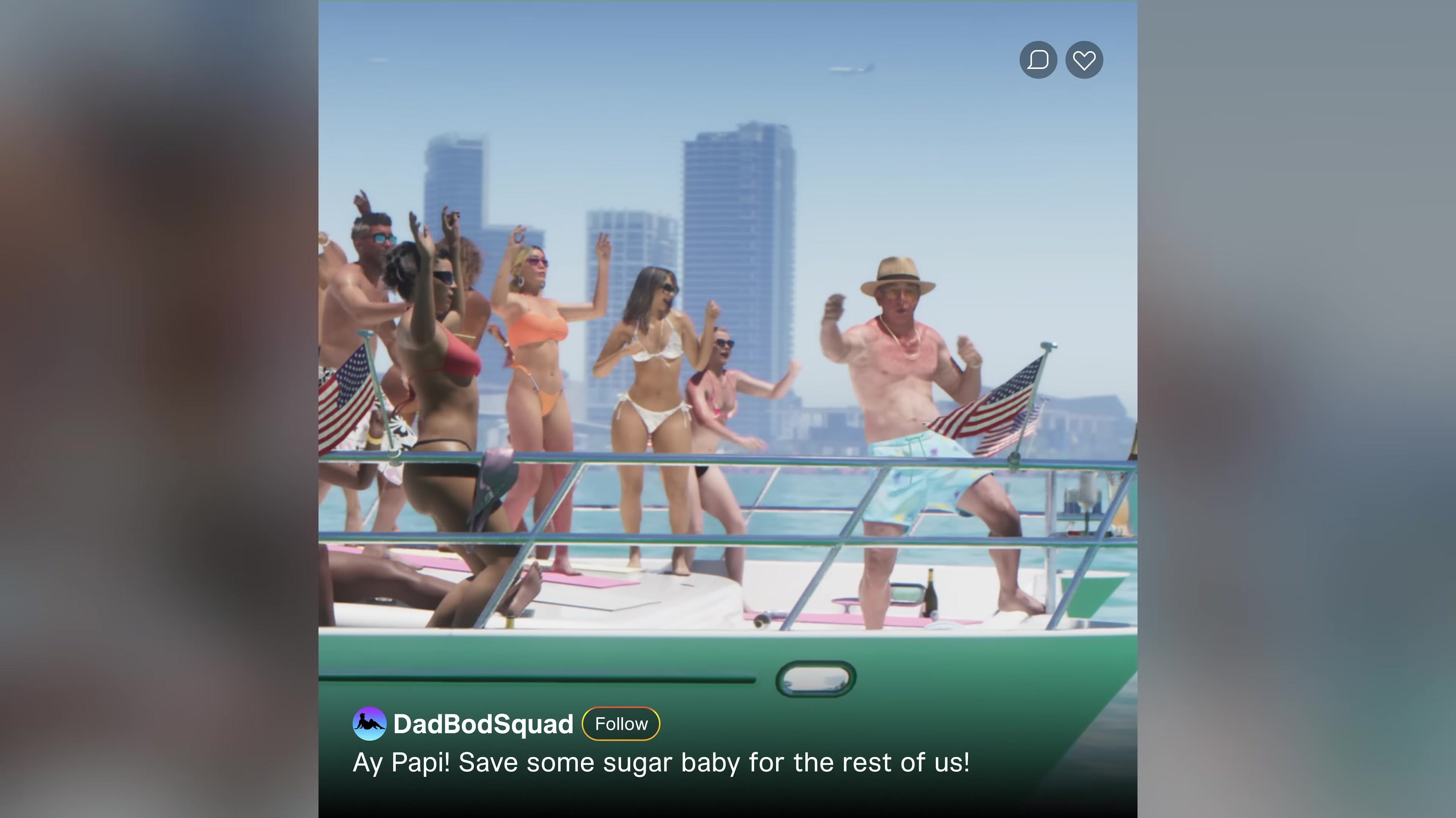 In-game social-media post mockup — boat party ("DadBodSquad")