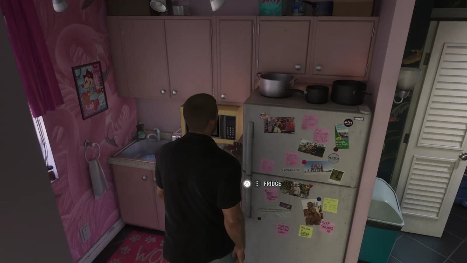 Jason interacting with the refrigerator inside Lucia apartment in GTA 6.