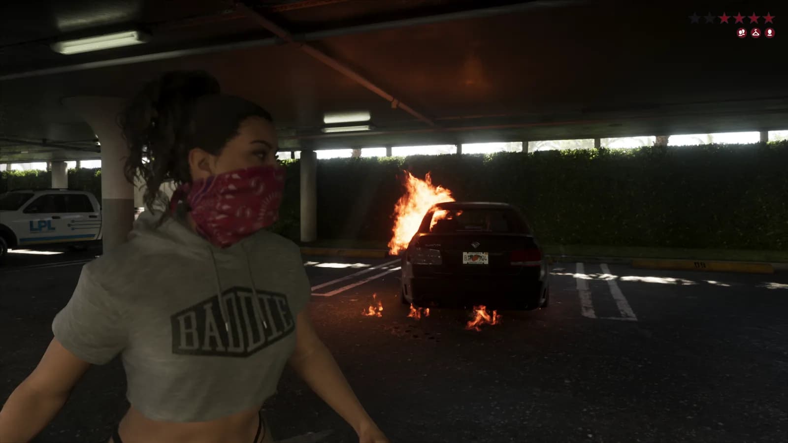 Jason and Lucia burning a getaway car after a robbery in GTA 6.