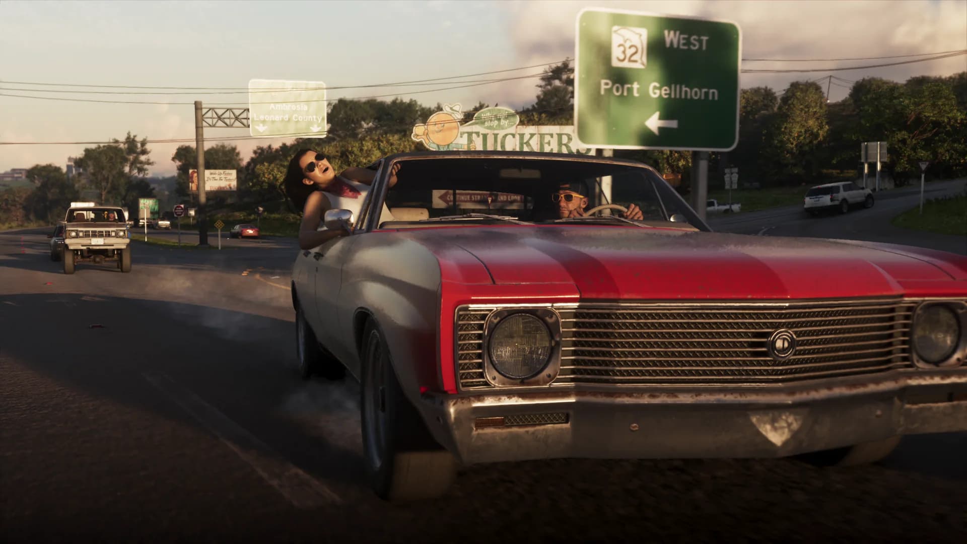 Jason and Lucia driving a convertible through Vice City in GTA VI: An Extended Look.