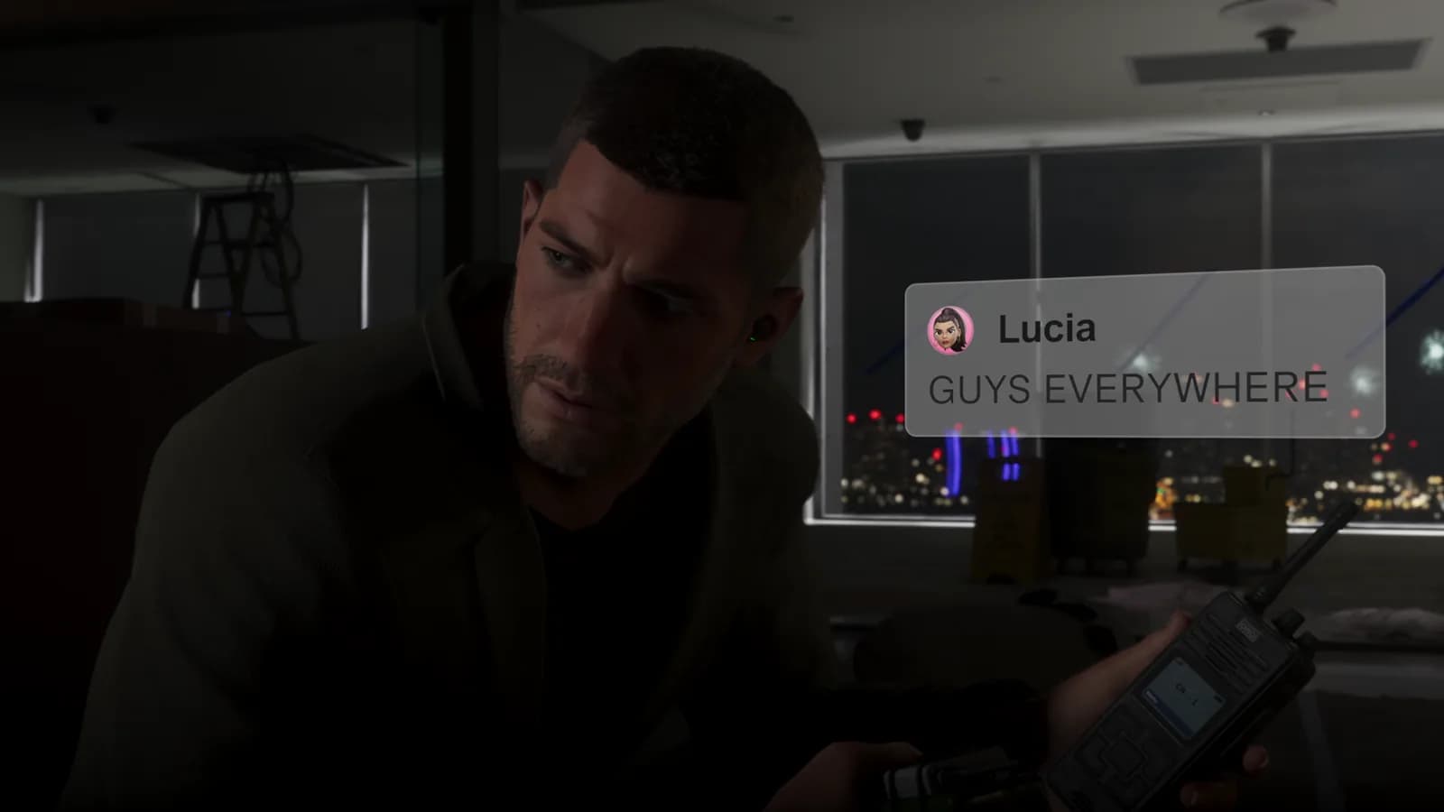 Jason receiving a message from Lucia during the MegaMundo sequence in GTA 6.