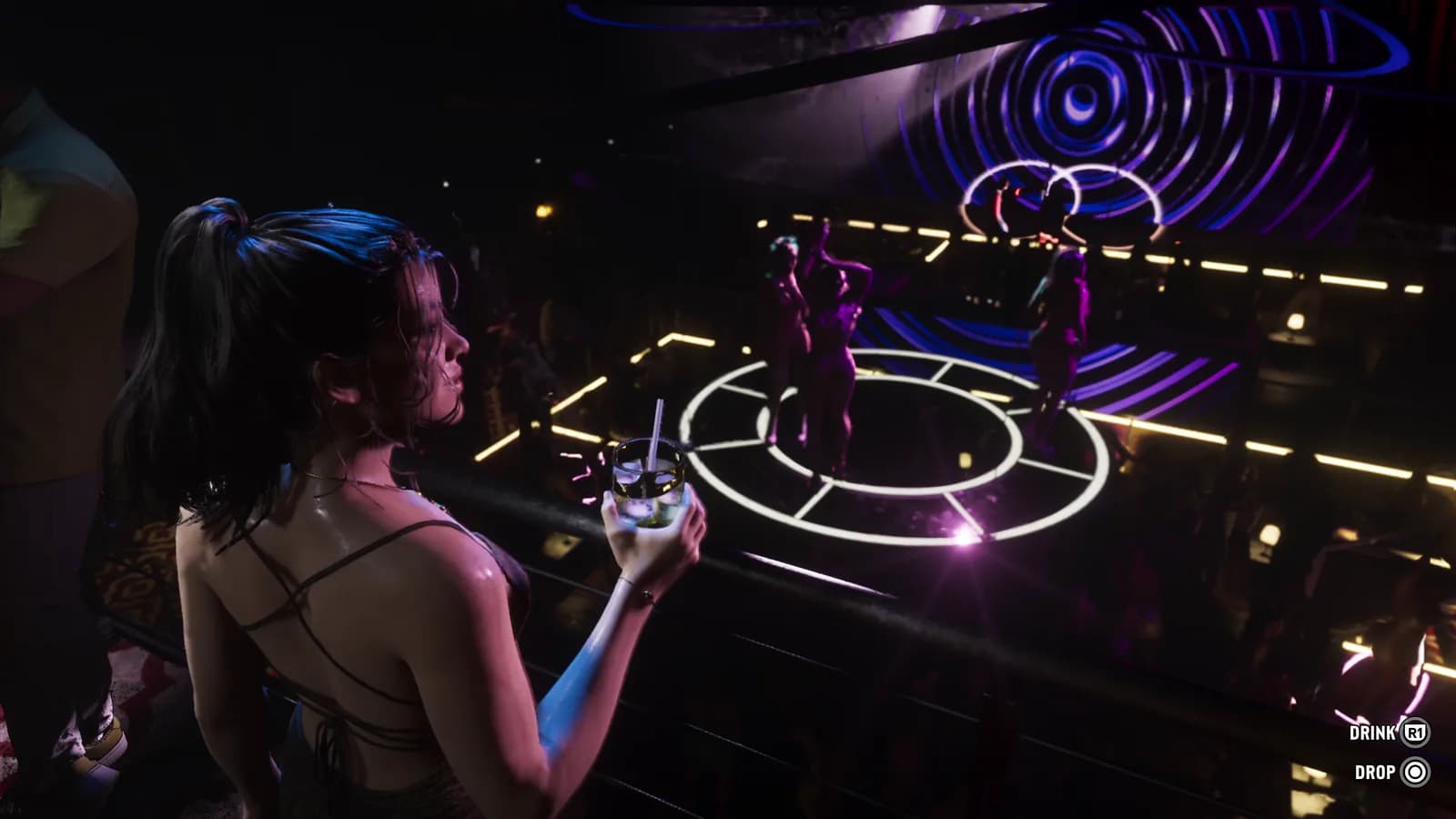 GTA 6 nightclub scene with Drink and Drop interaction prompts.