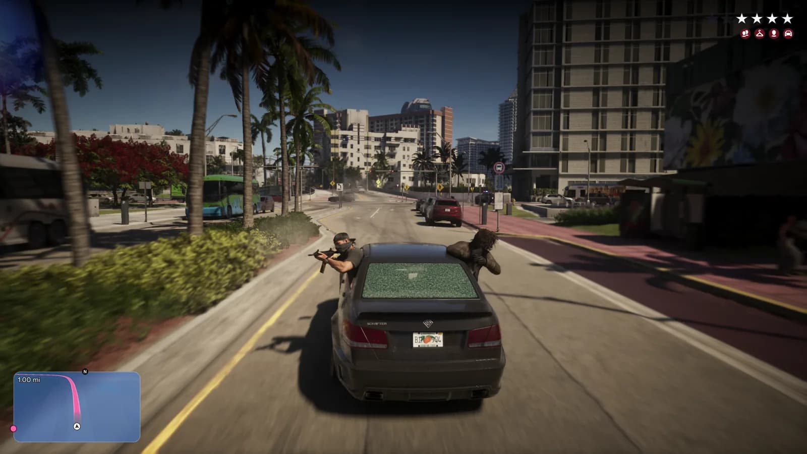 The passenger returns fire during a chase — GTA VI