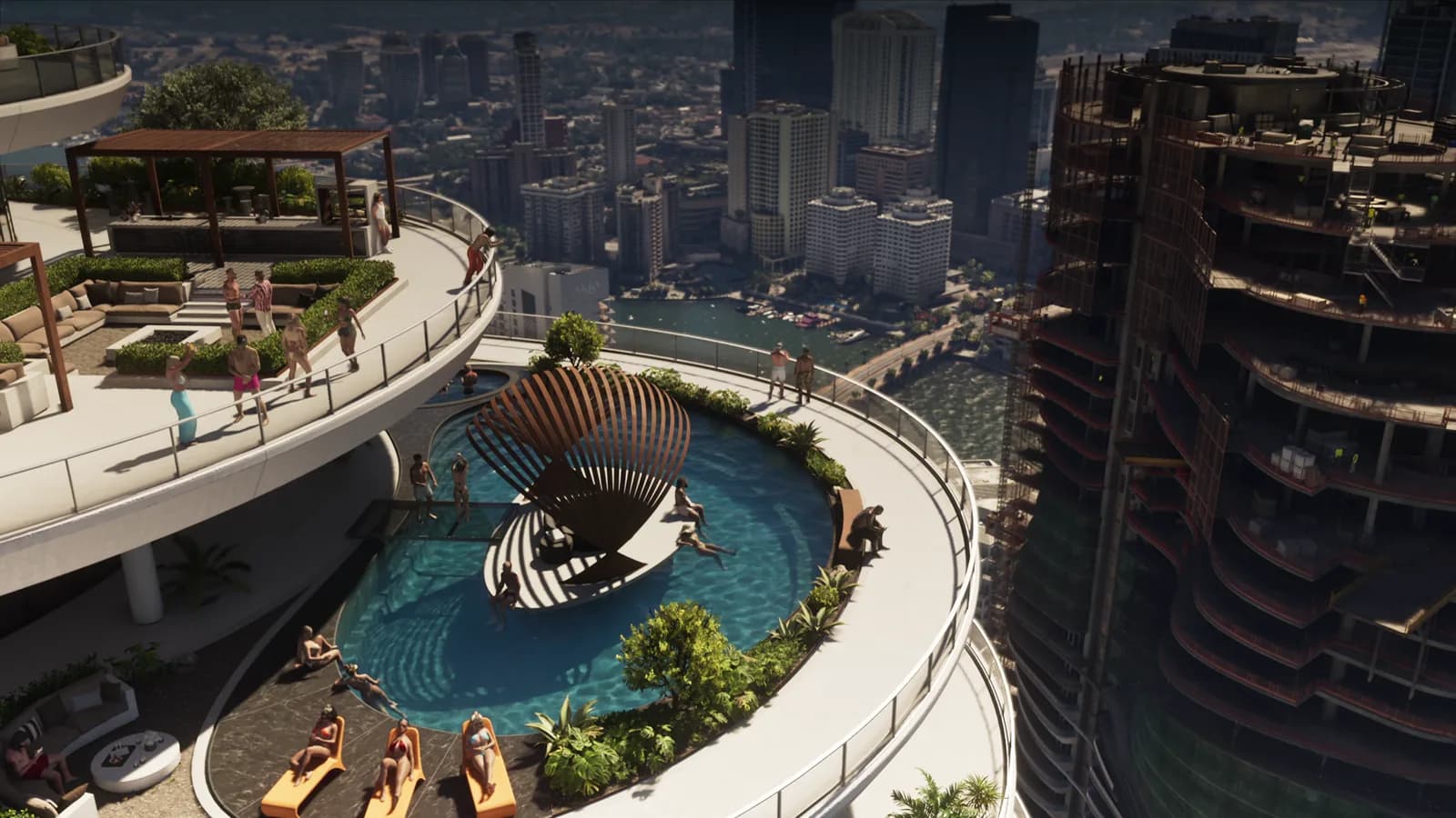 A rooftop pool above Vice City — GTA VI