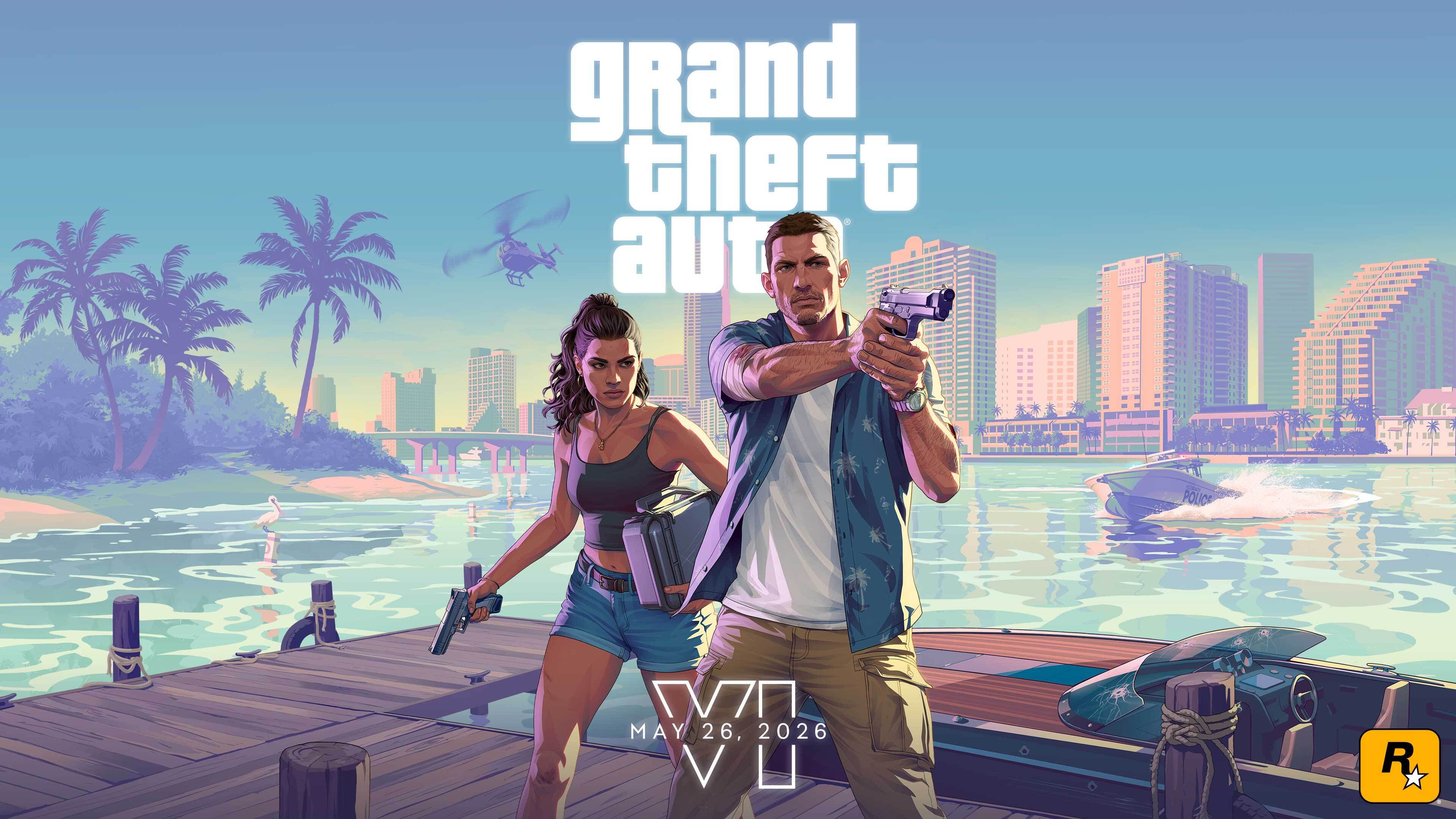 Official GTA VI Trailer 2 key art: Jason and Lucia standing on a dock in front of the Vice City skyline, with a police boat in the background and the release date May 26, 2026.
